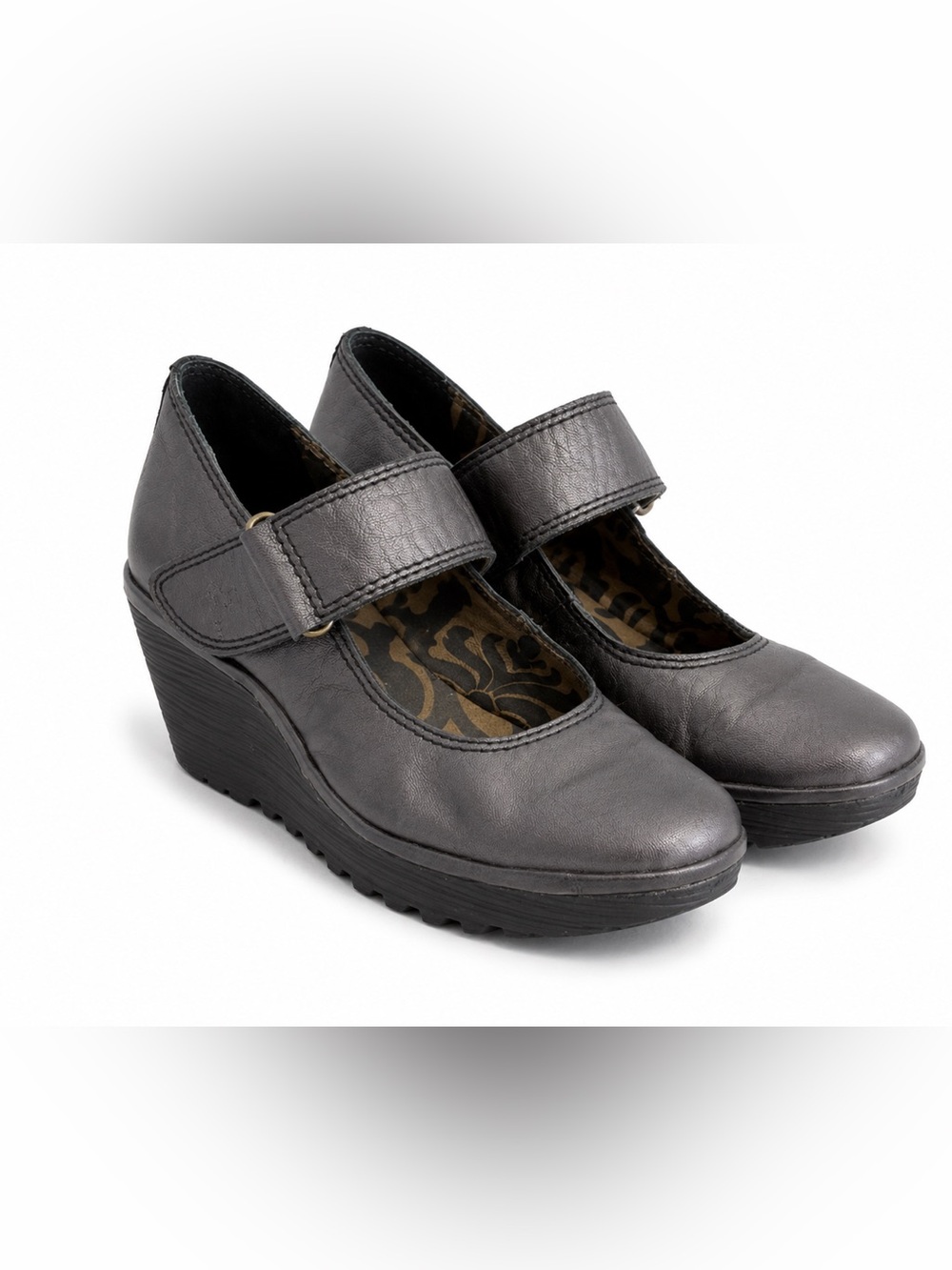 Fly London Yasi Mary Jane Wedge Shoes EU 38 Pewter Metallic Leather Platform